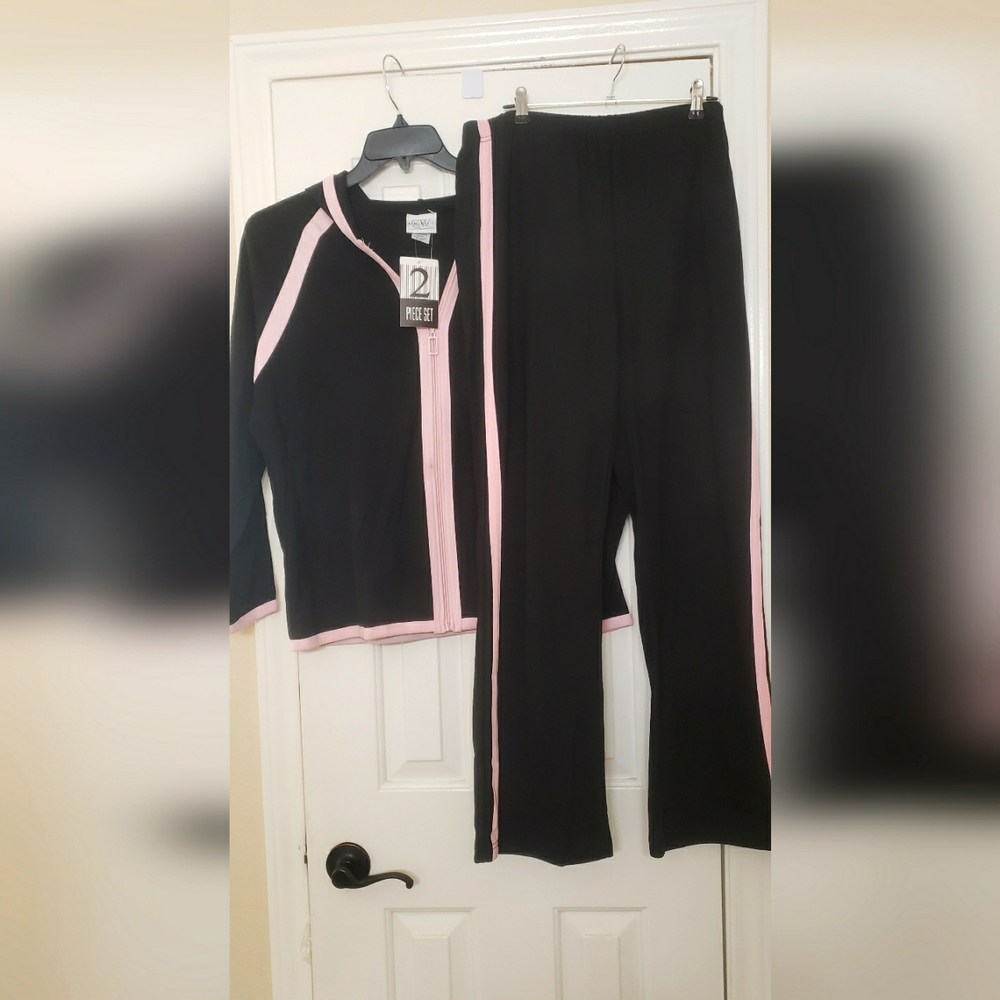 Women's 2 Piece Black with Pink Stripe Hooded Tracksuit/Lounge Set Size 1X